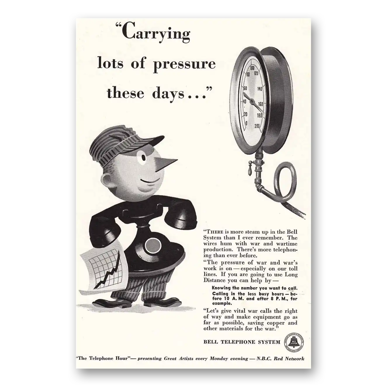 1942 Bell Telephone Carrying Lots of Pressure Vintage Magazine Print Ad