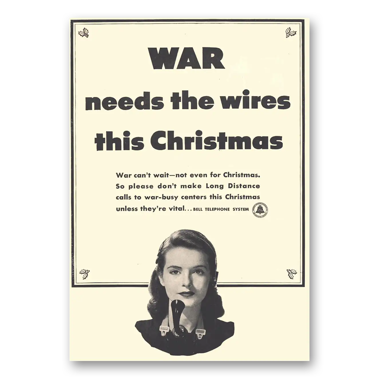 1942 Bell Telephone War Needs the Wires This Christmas Vintage Magazine Print Ad