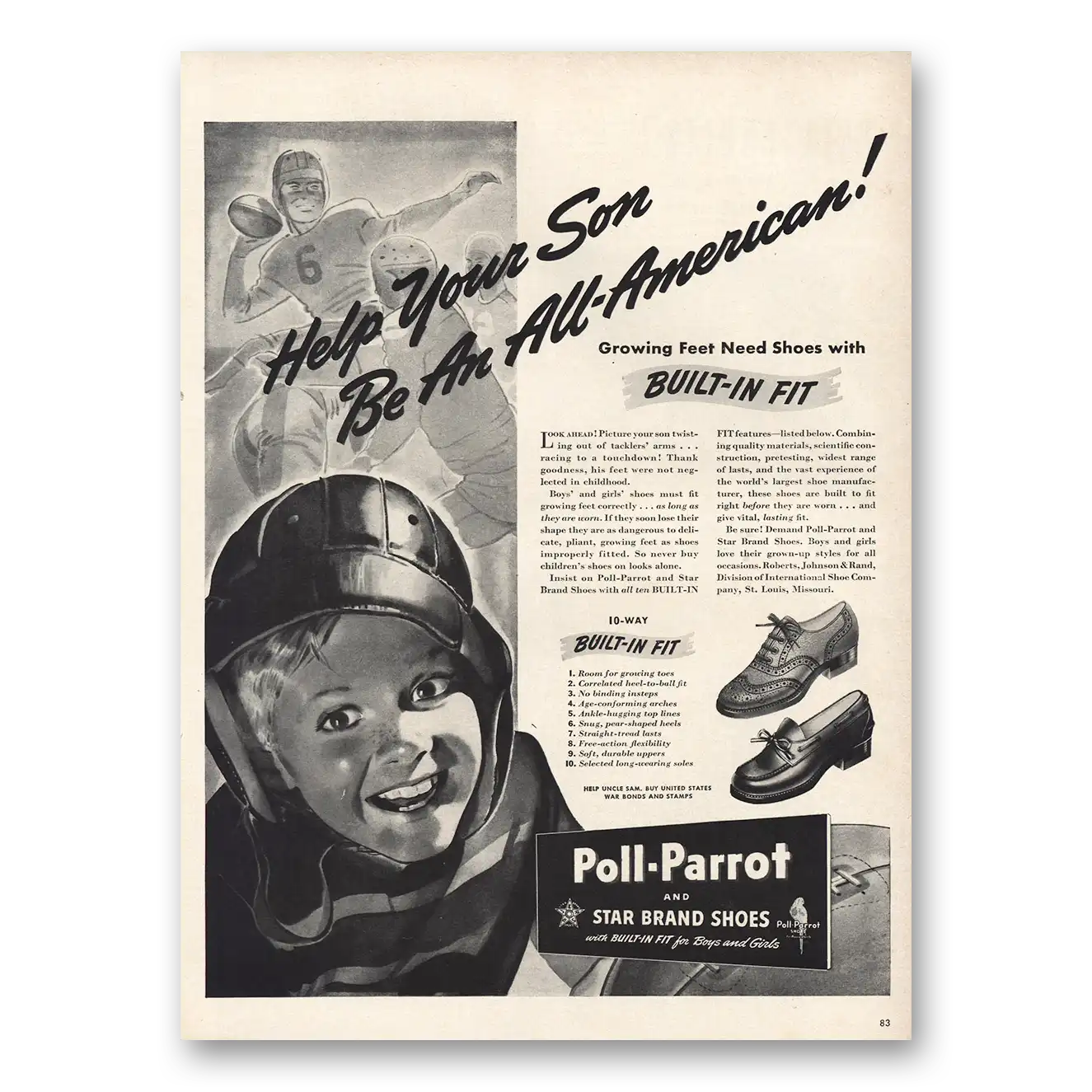 1942 Bell Parrot Shoes Help Your Son All American Vintage Magazine Print Ad