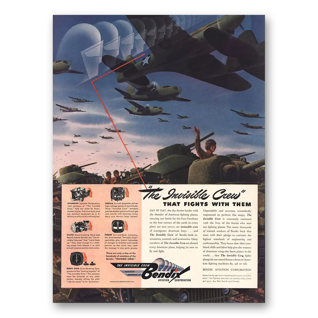 1942 Bendix Aviation The Invisible Crew Vintage Magazine Print Ad