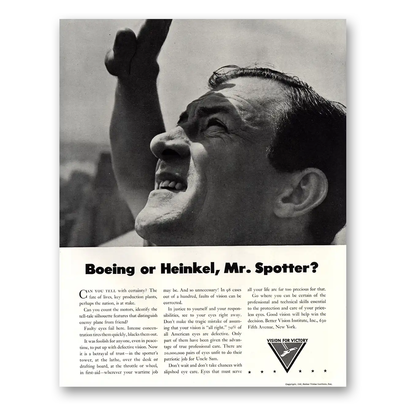 1942 Better Vision Institute Boeing or Heinkel Mr Spotter Vintage Magazine Print Ad