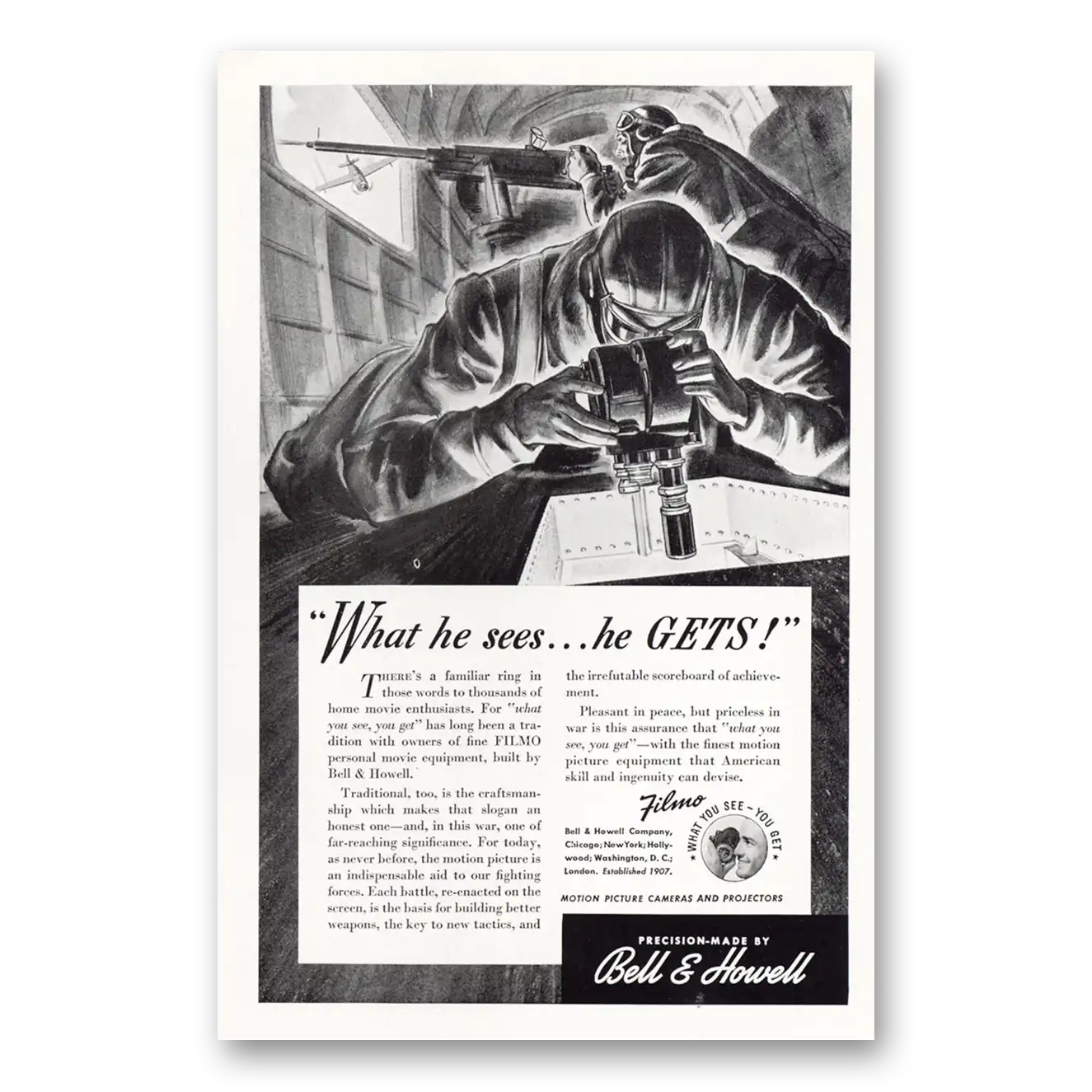 1942 Filmo Camera What He Sees Vintage Magazine Print Ad