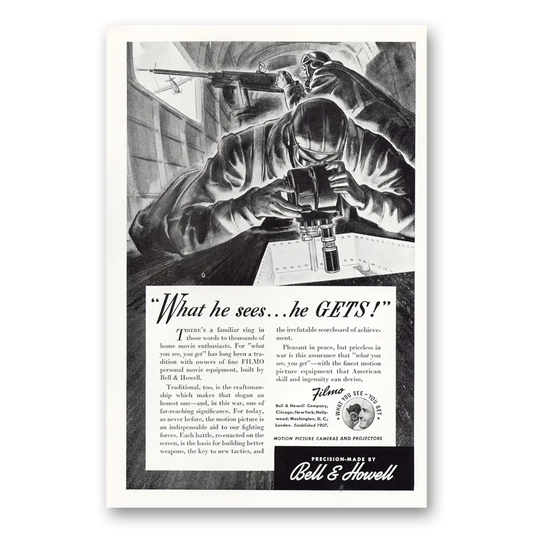 1942 Filmo Camera What He Sees Vintage Magazine Print Ad