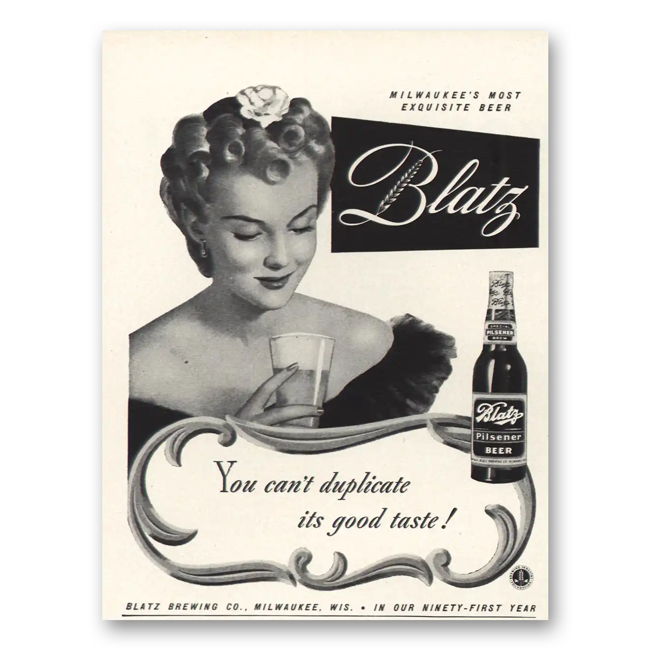 1942 Blatz Beer Can't Duplicate Its Good Taste Vintage Magazine Print Ad