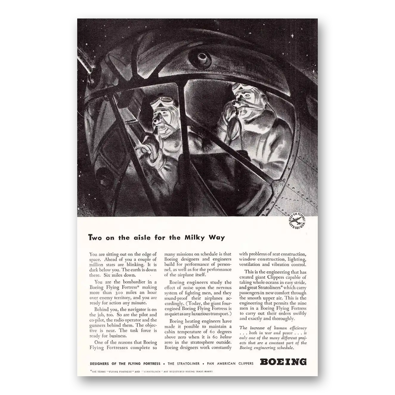 1942 Boeing Flying Fortress Two on the Aisle for Milky Way Vintage Magazine Print Ad