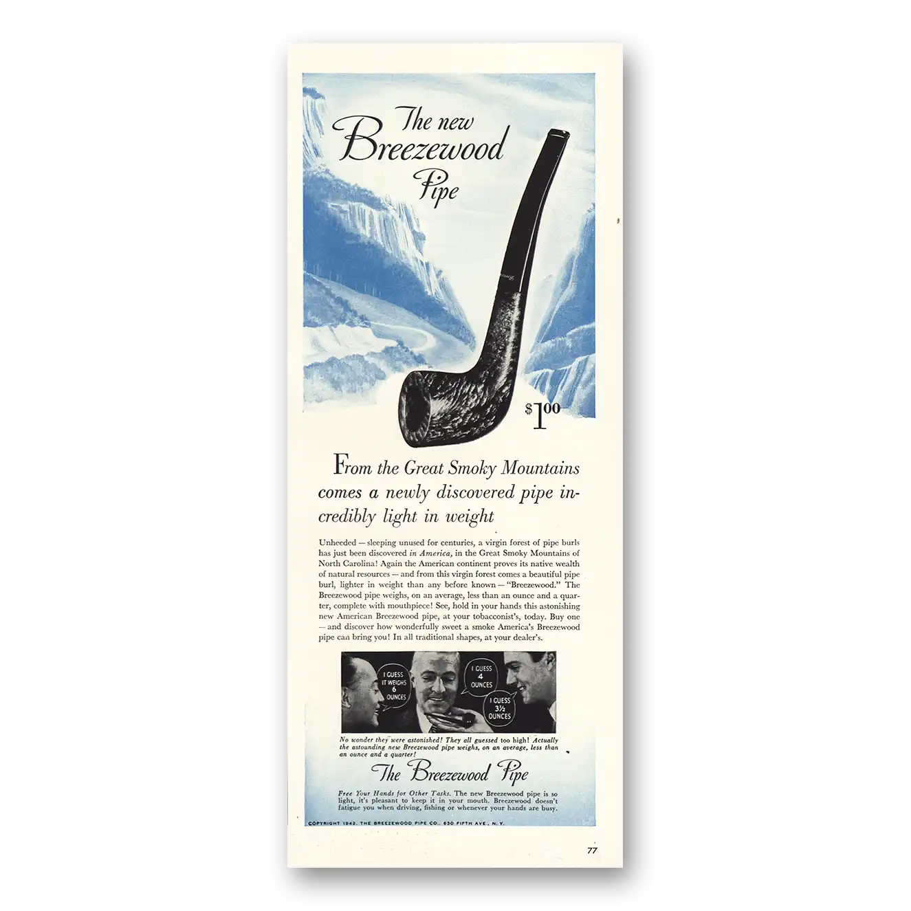 1942 Breezewood Pipe Great Smoky Mountains Vintage Magazine Print Ad