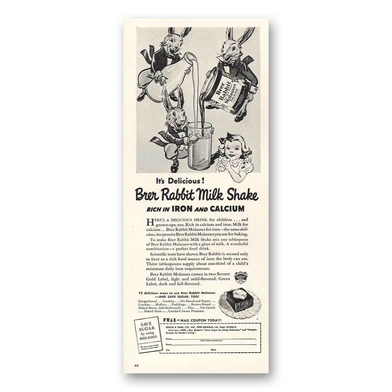 1942 Brer Rabbit Molasses Milk Shake Vintage Magazine Print Ad