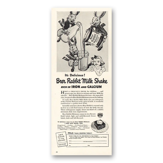 1942 Brer Rabbit Molasses Milk Shake Vintage Magazine Print Ad