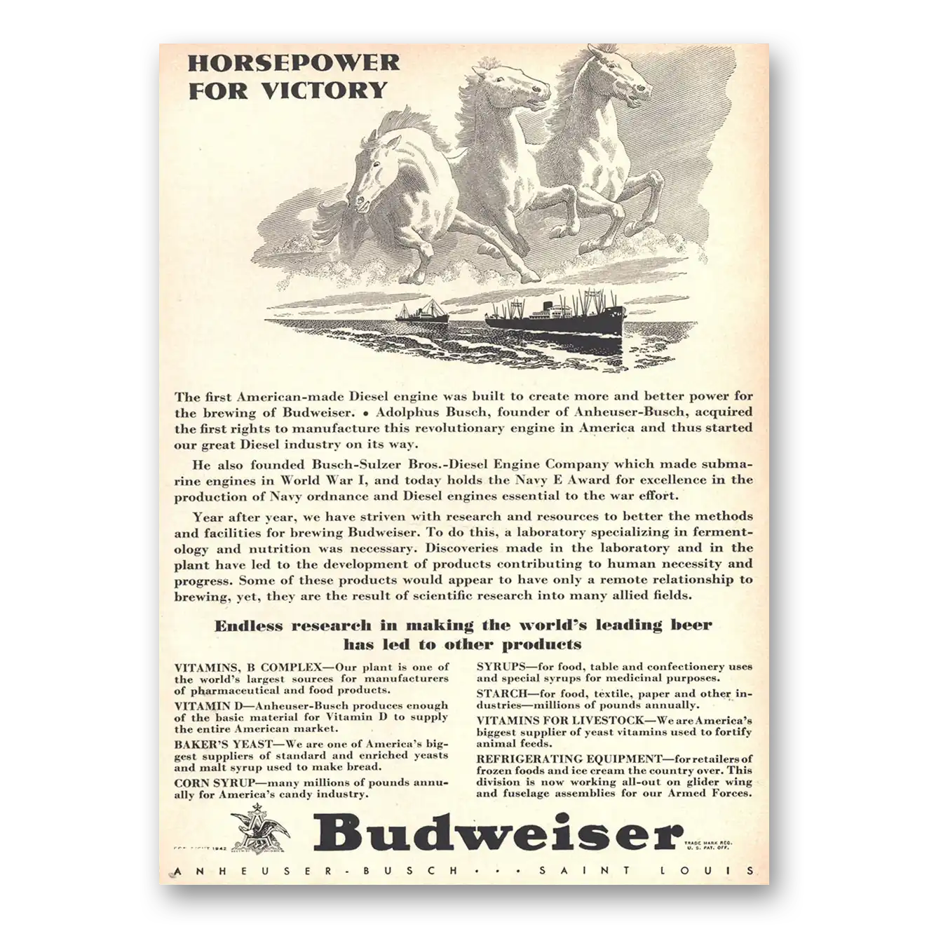 1942 Budweiser Beer Horsepower for Victory Vintage Magazine Print Ad