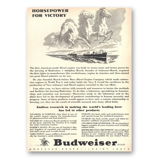 1942 Budweiser Beer Horsepower for Victory Vintage Magazine Print Ad