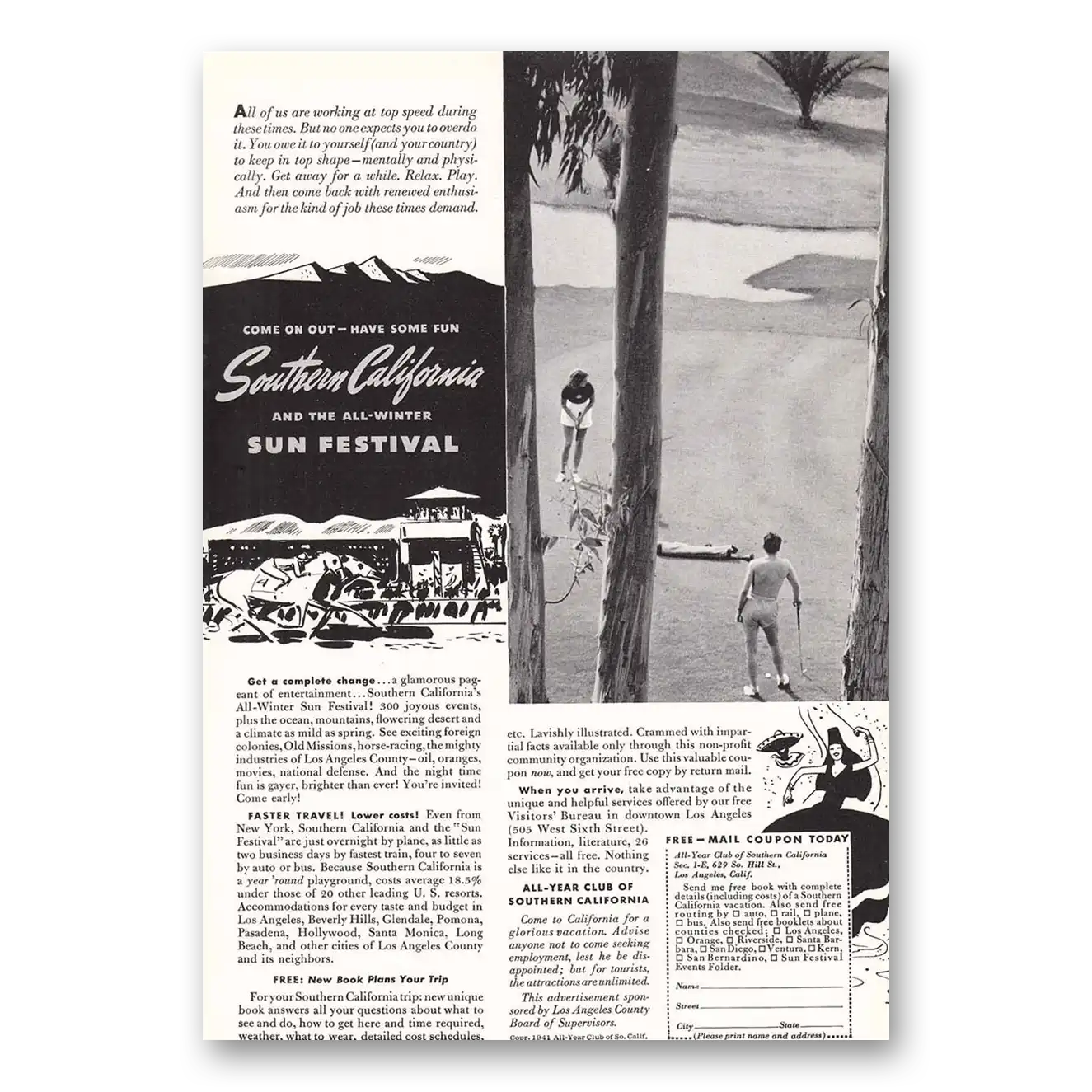 1942 Southern California Sun Festival Vintage Magazine Print Ad