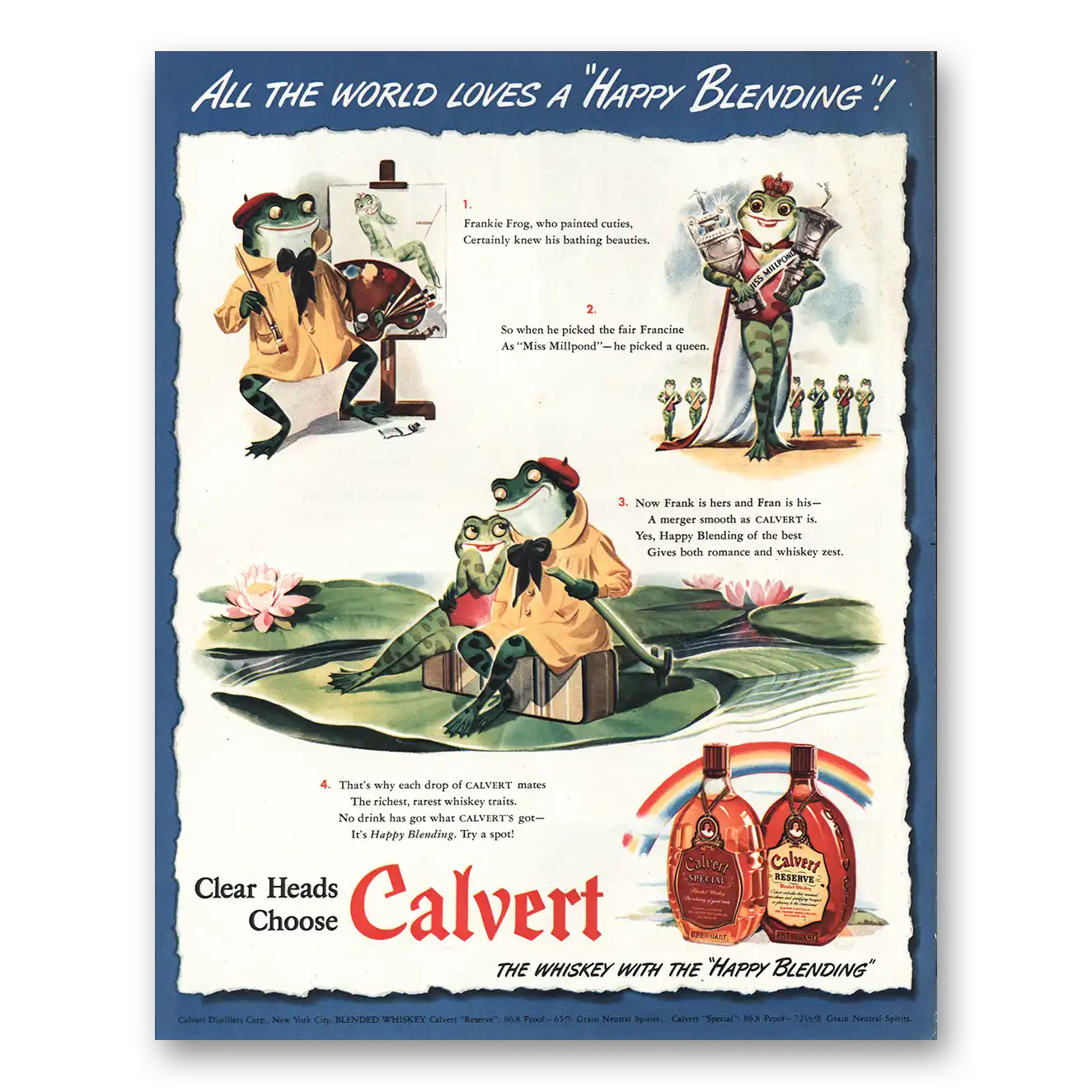 1942 Calvert Whiskey All the World Loves Happy Blending Vintage Magazine Print Ad