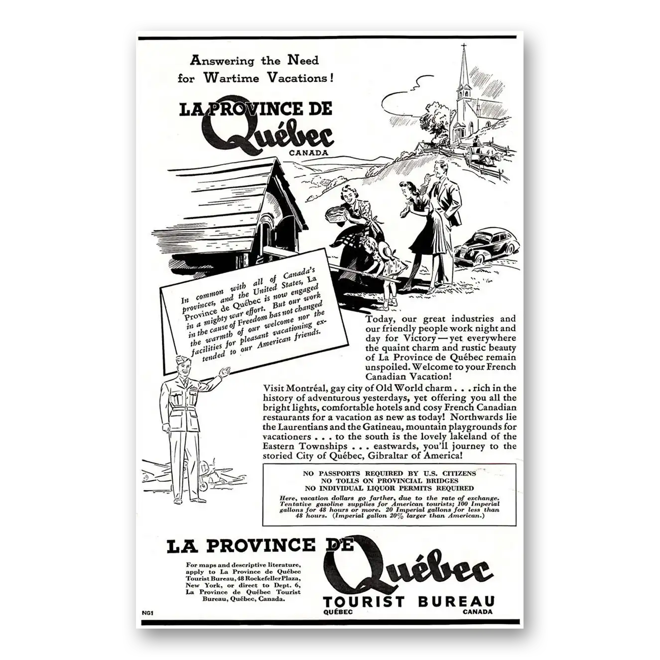 1942 Quebec Canada Wartime Vacations Vintage Magazine Print Ad