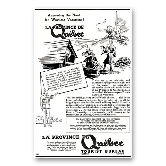 1942 Quebec Canada Wartime Vacations Vintage Magazine Print Ad