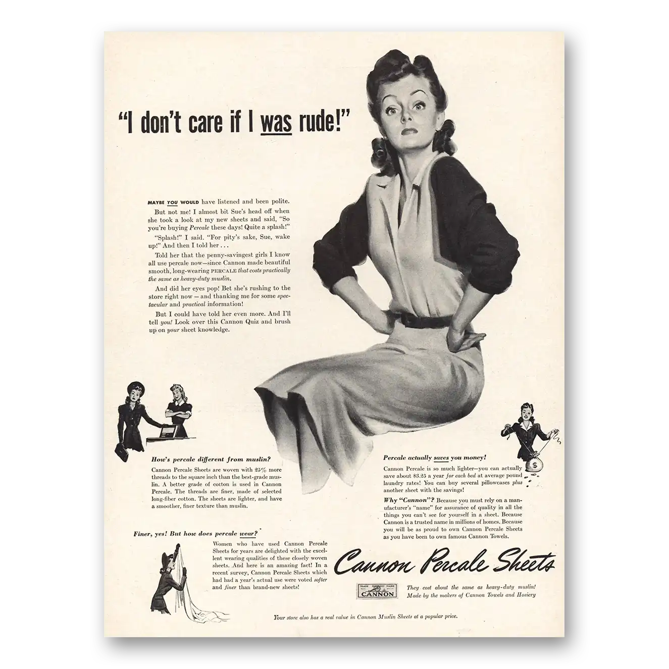 1942 Cannon Percale Sheets Don’t Care If I Was Rude Vintage Magazine Print Ad