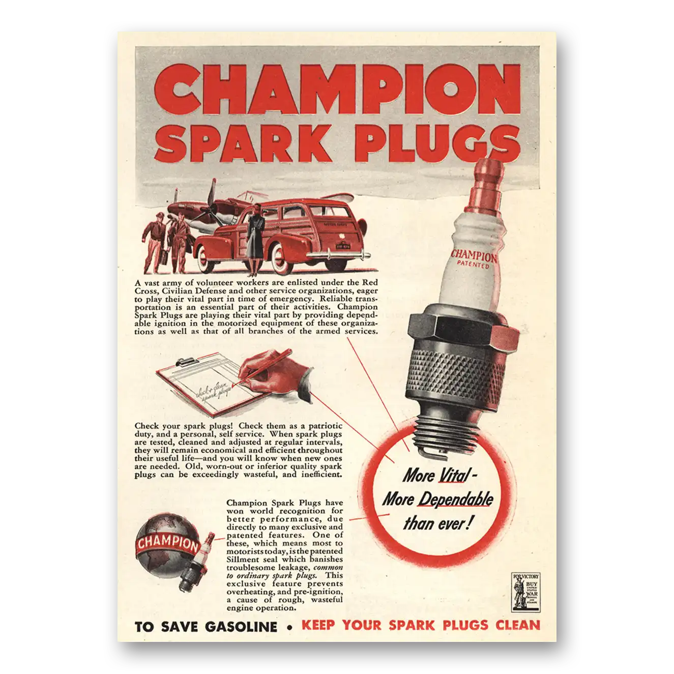 1942 Champion Spark Plugs War Army of Volunteer Workers Vintage Magazine Print Ad