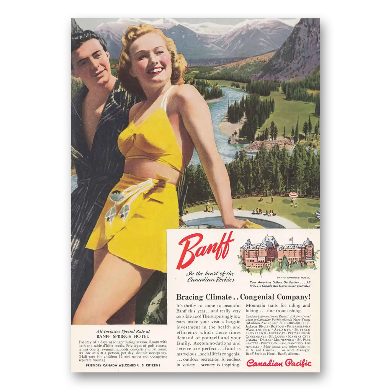 1942 Canadian Pacific Banff Springs Hotel Vintage Magazine Print Ad