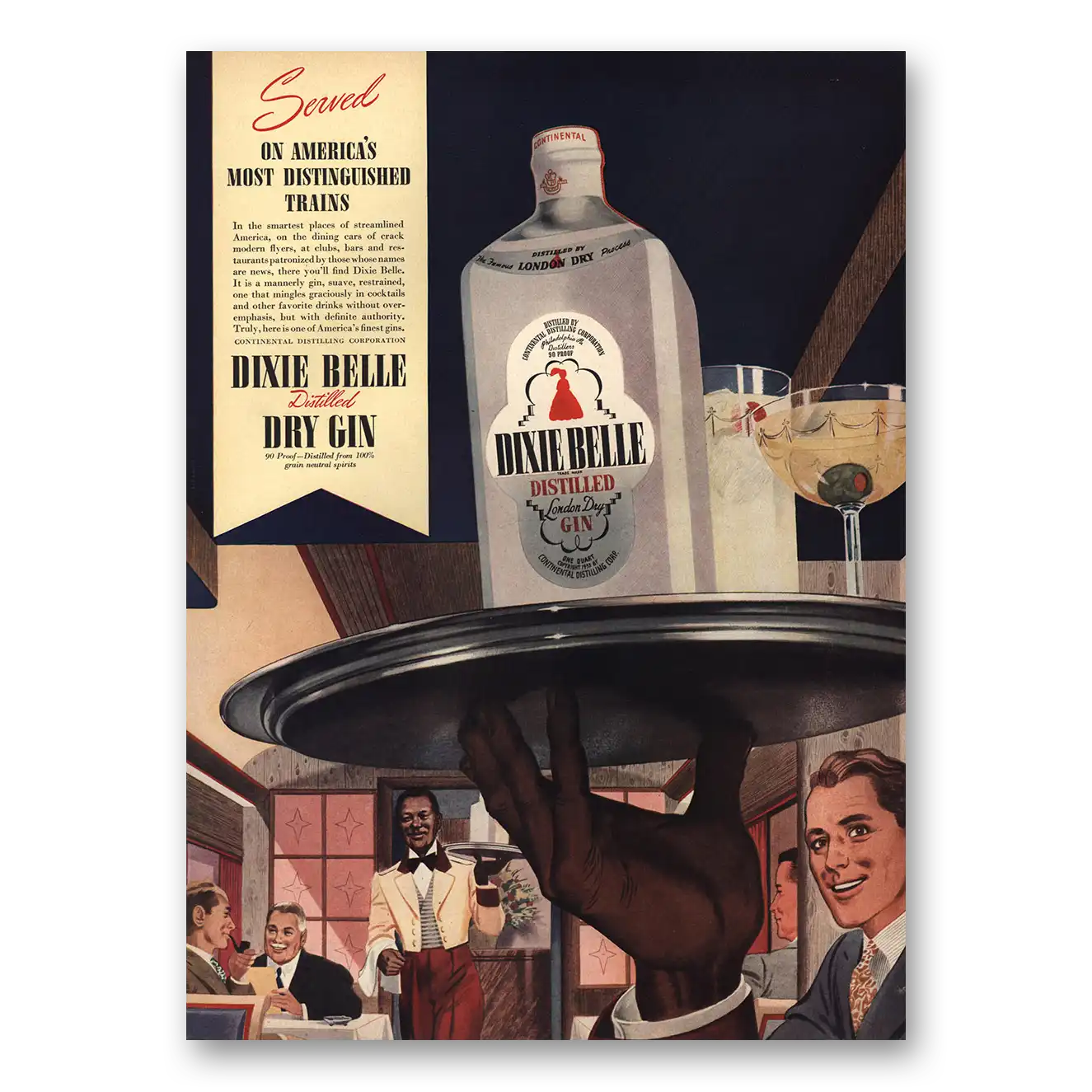 1942 Dixie Belle Gin Served On Americas Most Distinguished Trains Vintage Magazine Print Ad