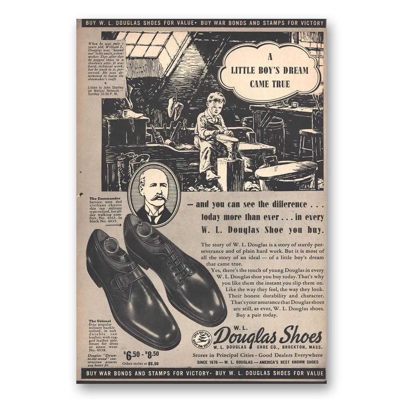 1942 Douglas Shoes Little Boys Dreams Come True Vintage Magazine Print Ad