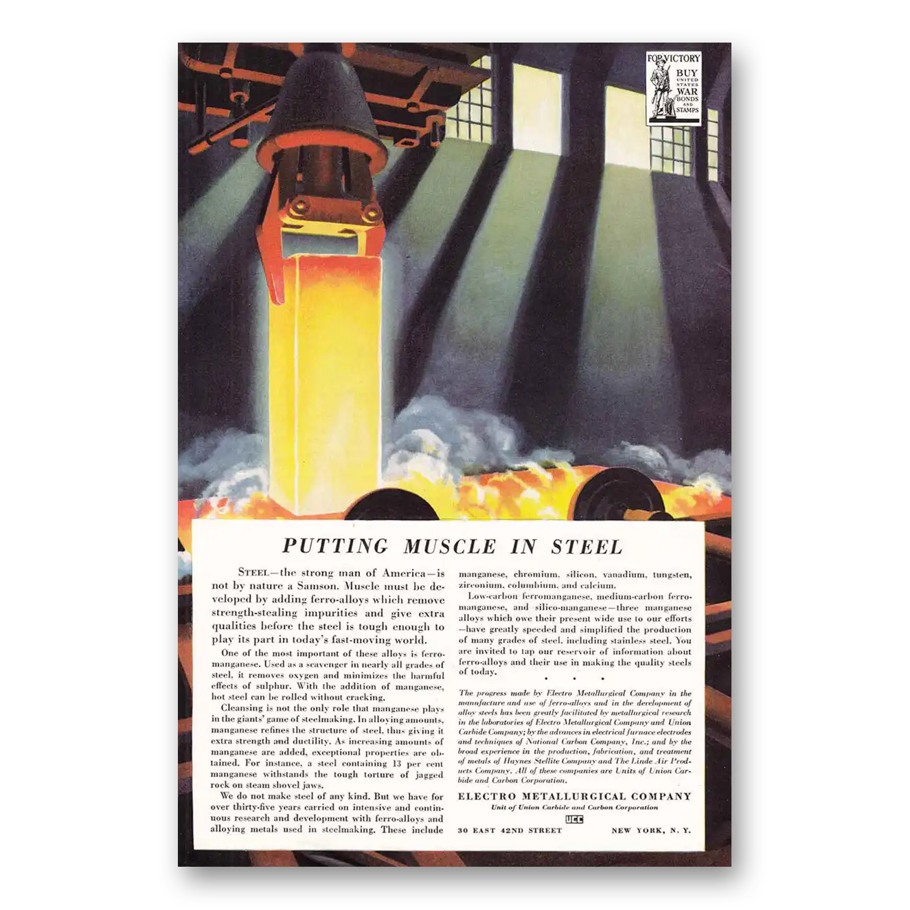 1942 Electro Metallurgical Putting Muscle in Steel Vintage Magazine Print Ad