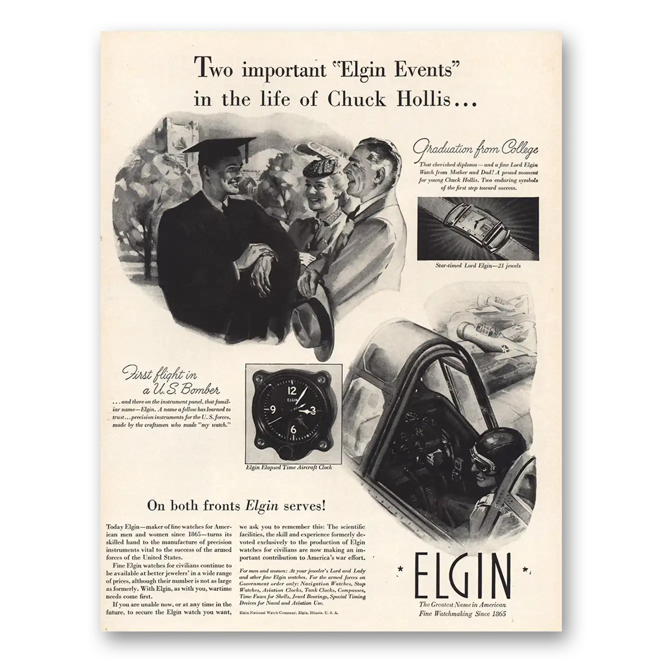 1942 Elgin Watch Life of Chuck Hollis Vintage Magazine Print Ad