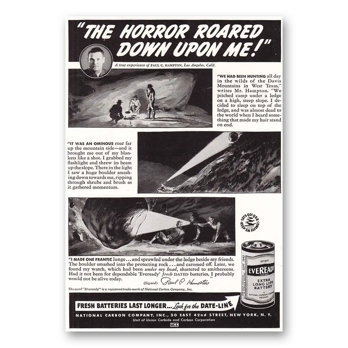 1942 Eveready Batteries Horror Roared Down Upon Me Vintage Magazine Print Ad