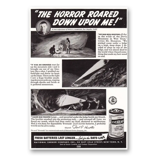 1942 Eveready Batteries Horror Roared Down Upon Me Vintage Magazine Print Ad