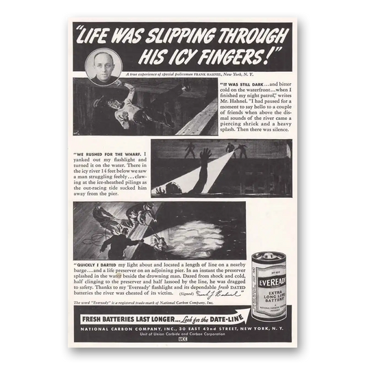 1942 Eveready Batteries Slipping Through His Icy Fingers Vintage Magazine Print Ad