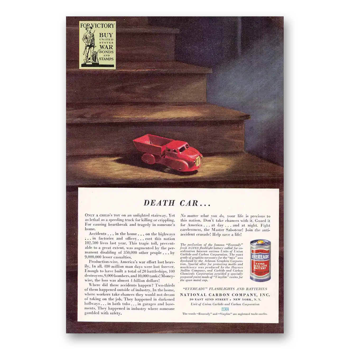 1942 Eveready Batteries Battery Death Car Childs Toy Unlighted Stairway Vintage Magazine Print Ad