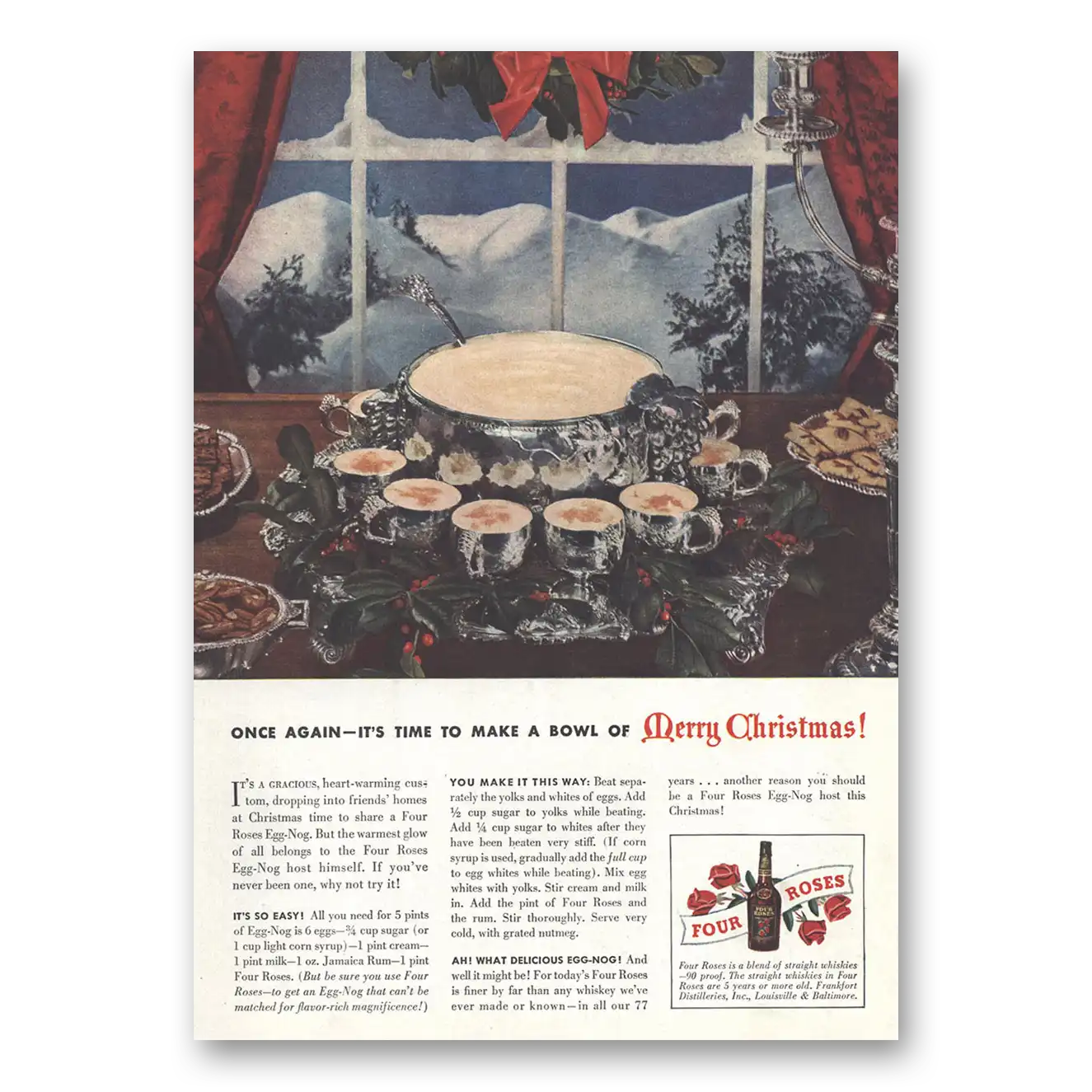 1942 Four Roses Make Bowl of Merry Christmas Vintage Magazine Print Ad