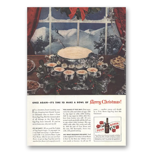 1942 Four Roses Make Bowl of Merry Christmas Vintage Magazine Print Ad