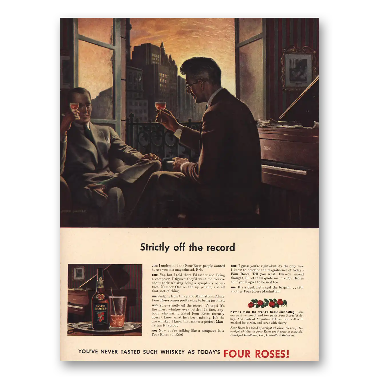 1942 Four Roses Strictly Off the Record Vintage Magazine Print Ad