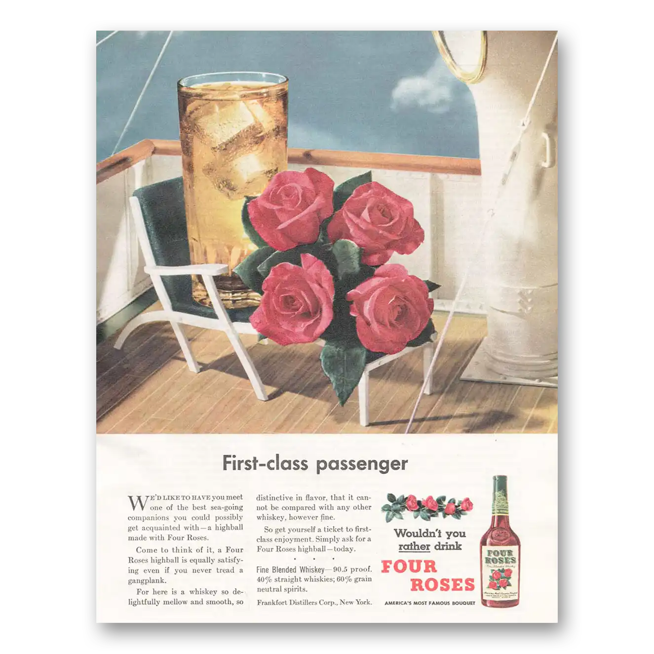 1942 Four Roses First Class Passenger Vintage Magazine Print Ad