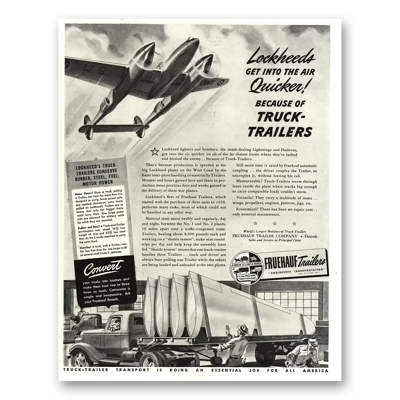 1942 Fruehauf Trailer Lockheeds Get Into the Air Quicker Vintage Magazine Print Ad