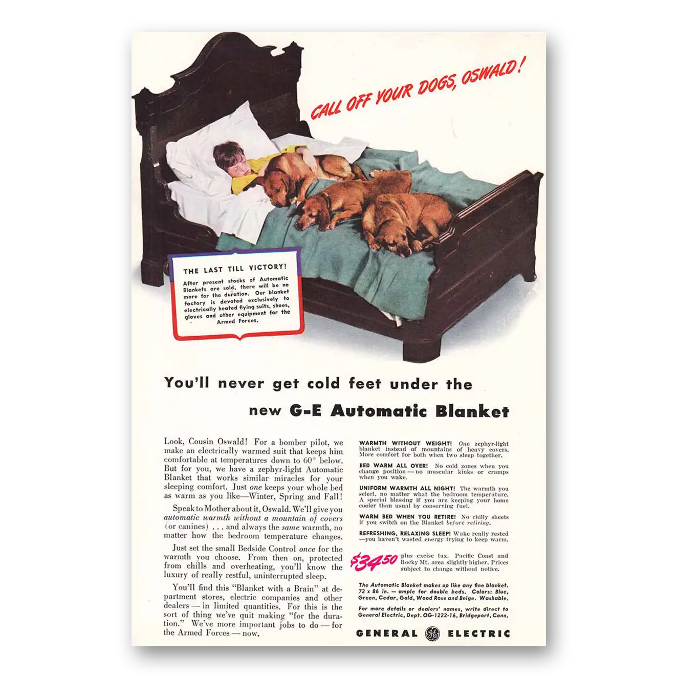 1942 General Electric Blanket Automatic Blanket Call Off Your Dogs Oswald Vintage Magazine Print Ad