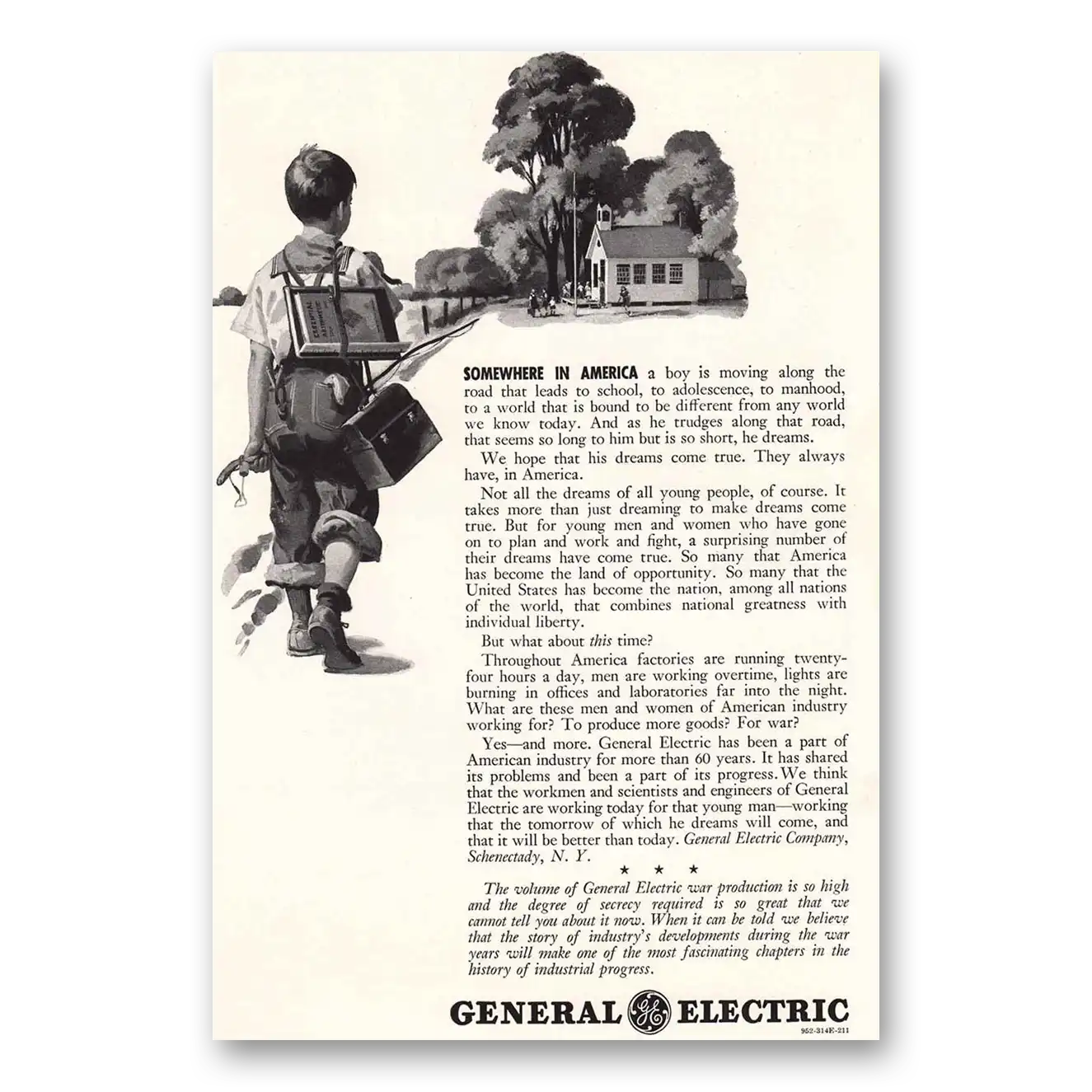 1942 General Electric Somewhere in America Vintage Magazine Print Ad