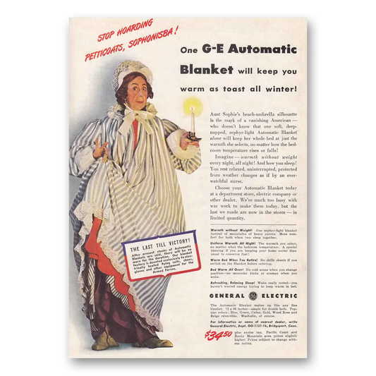 1942 General Electric Blanket Automatic Blanket Stop Hoarding Petticoats Vintage Magazine Print Ad