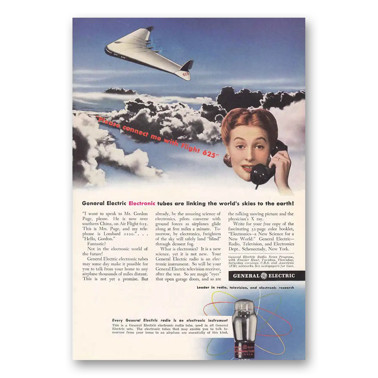 1942 General Electric Electronic Tubes Linking Skies Vintage Magazine Print Ad