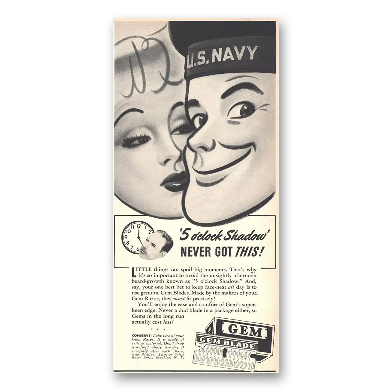 1942 Gem Razor and Blades US Navy 5 O'Clock Shadow Vintage Magazine Print Ad