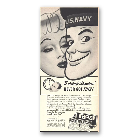 1942 Gem Razor and Blades US Navy 5 O'Clock Shadow Vintage Magazine Print Ad