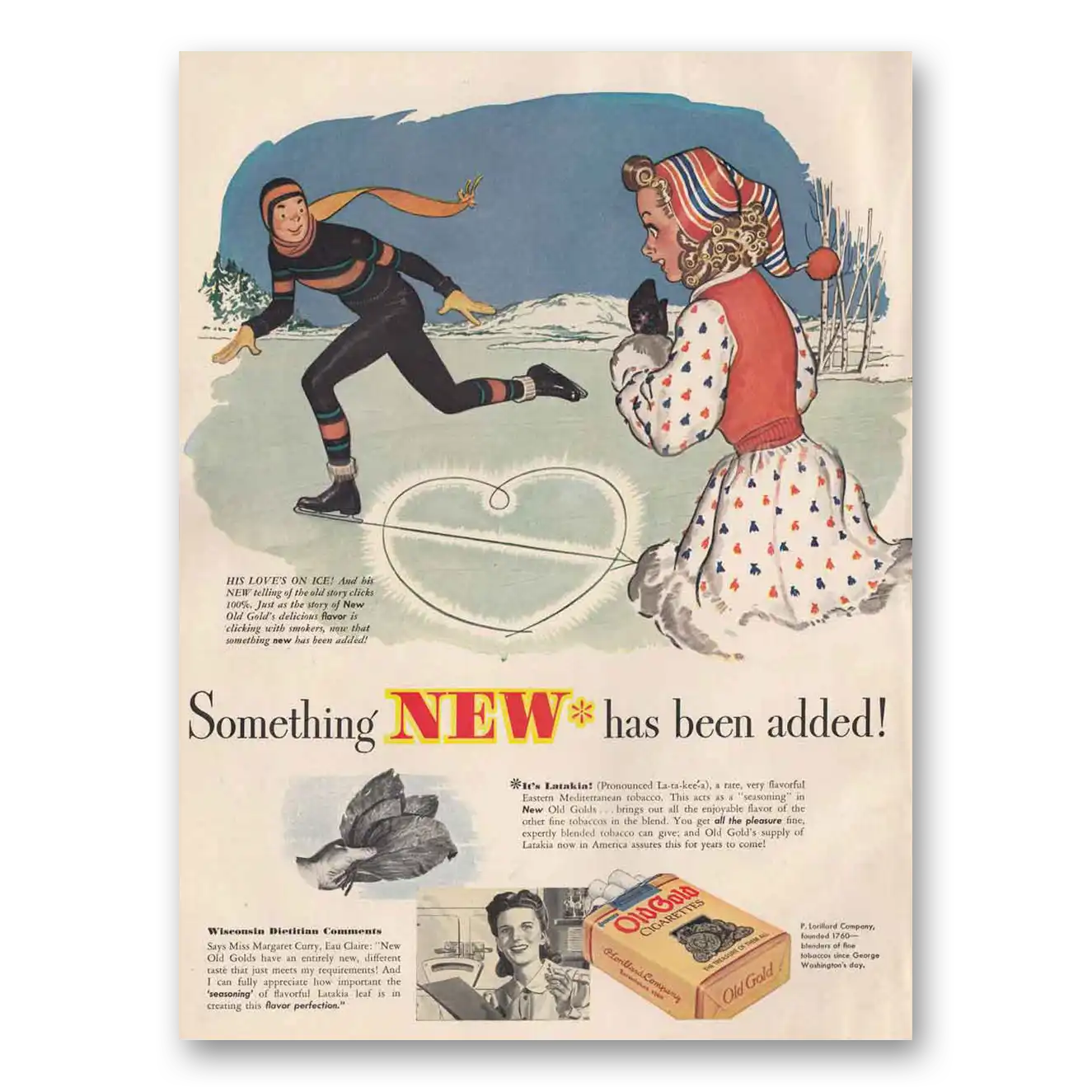 1942 Old Gold Cigarettes His Love's On Ice Vintage Magazine Print Ad