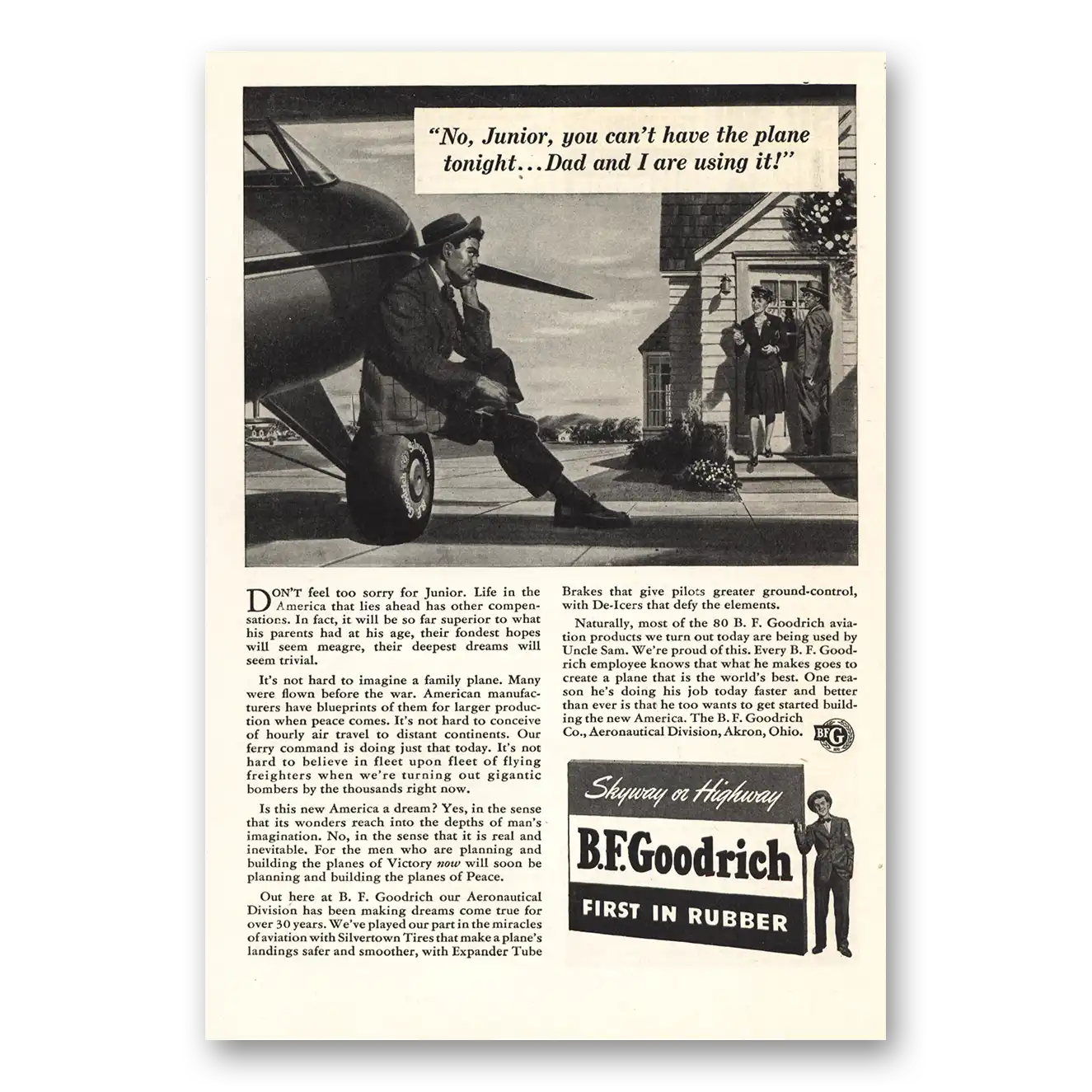 1942 B F Goodrich No Junior You Cant Have the Plane Tonight Vintage Magazine Print Ad