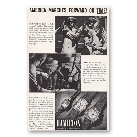 1942 Hamilton Watch America Marches Forward on Time Vintage Magazine Print Ad