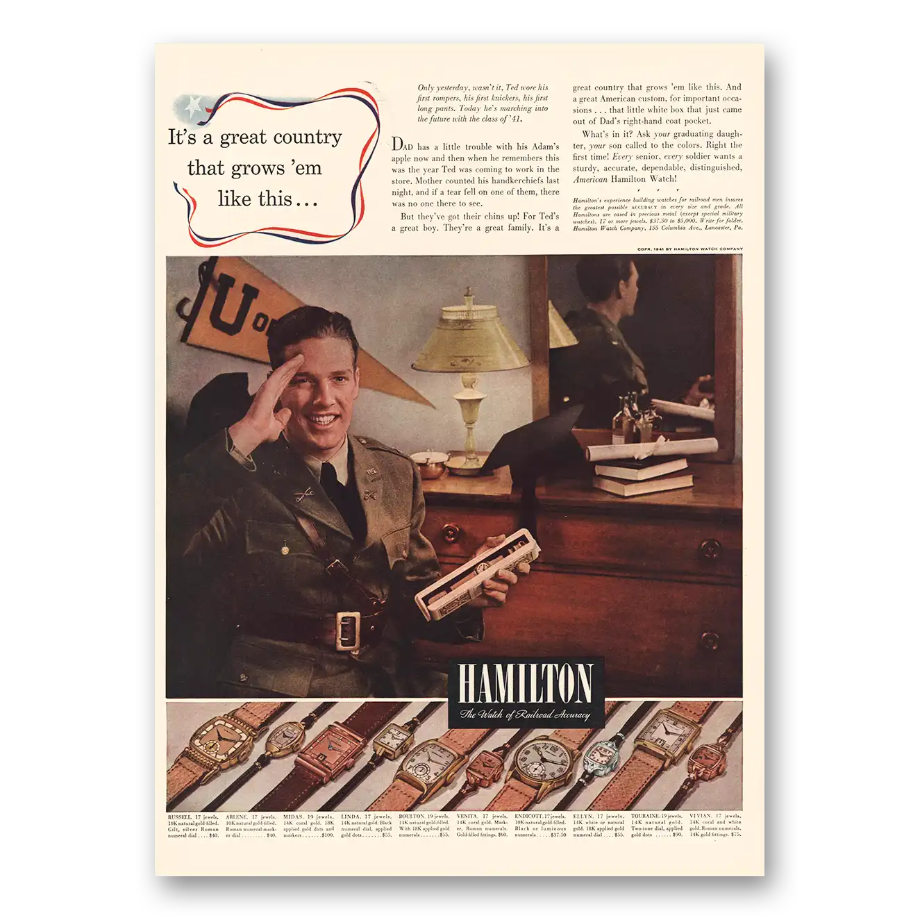1942 Hamilton Watch Great Country Grows Em Like This Vintage Magazine Print Ad