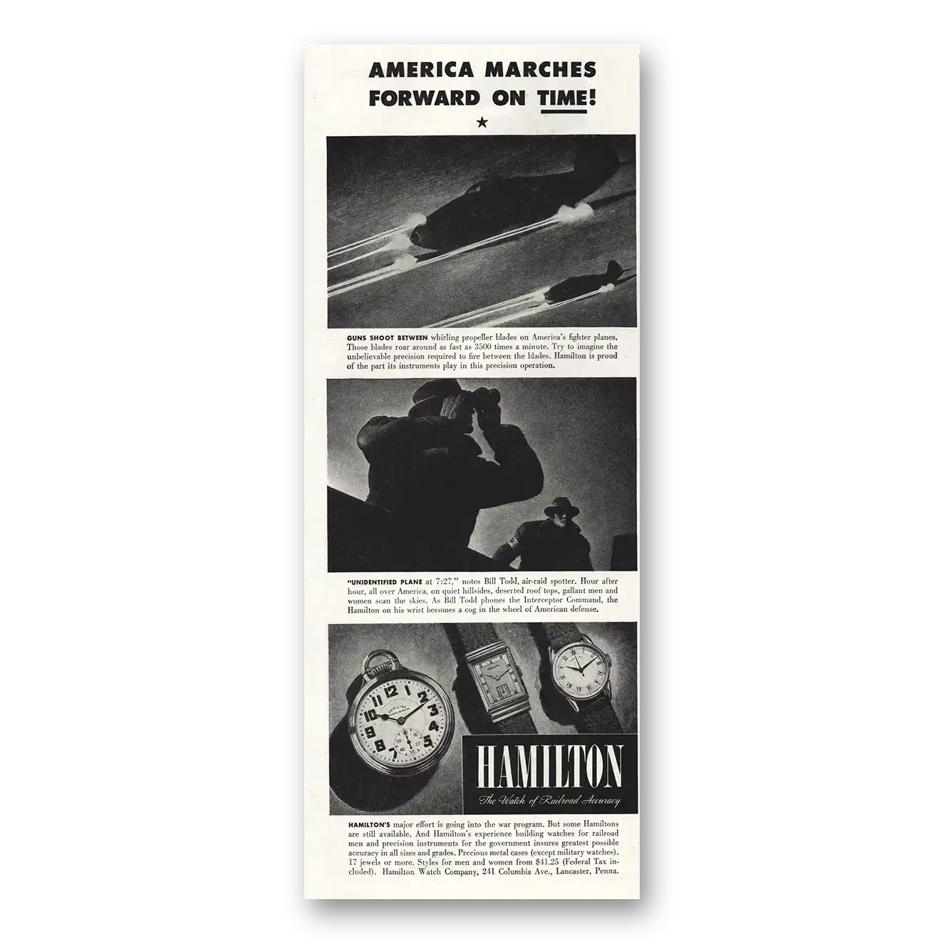 1942 Hamilton Watch America Marches Forward Vintage Magazine Print Ad