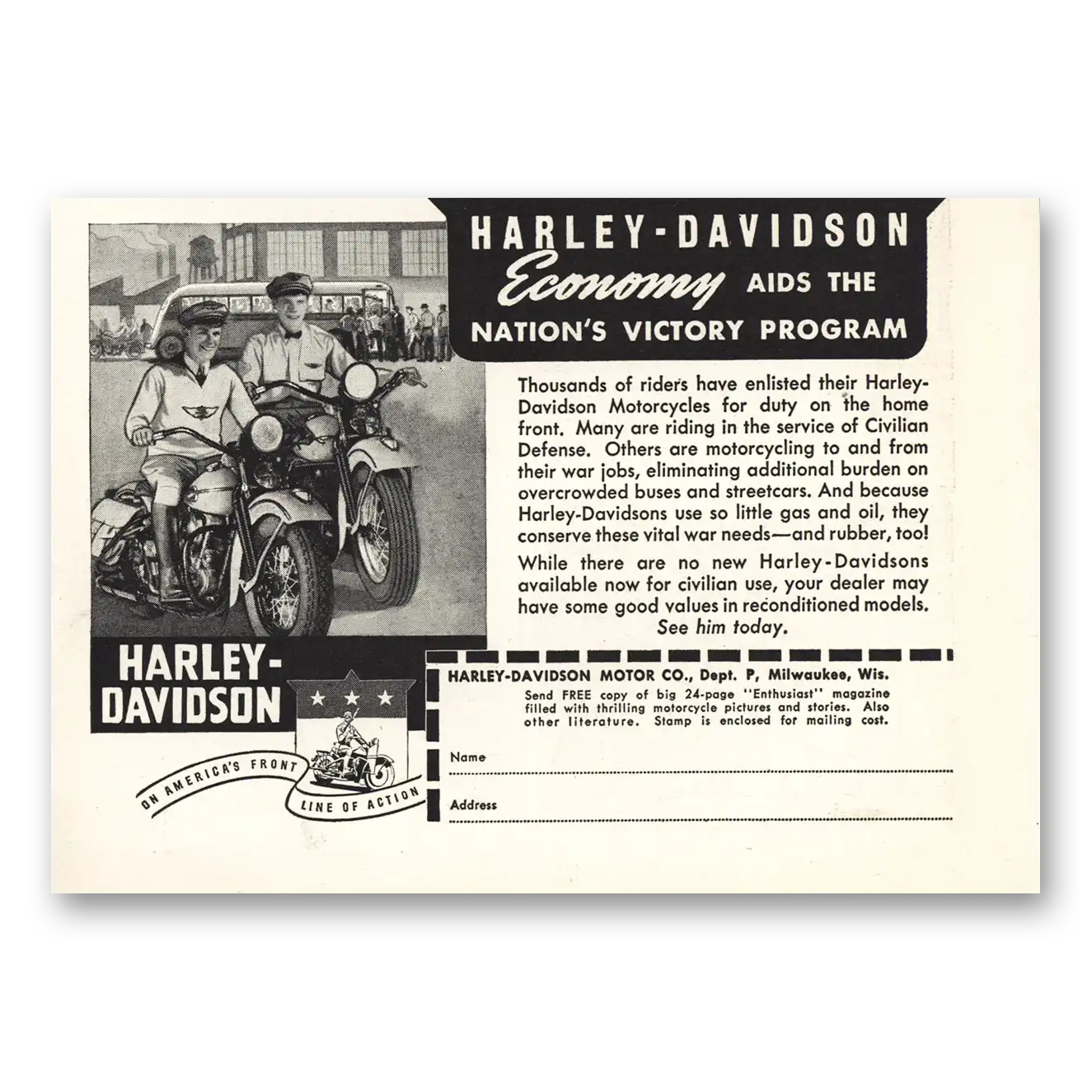 1942 Harley Davidson Aids the Nations Victory Program Vintage Magazine Print Ad