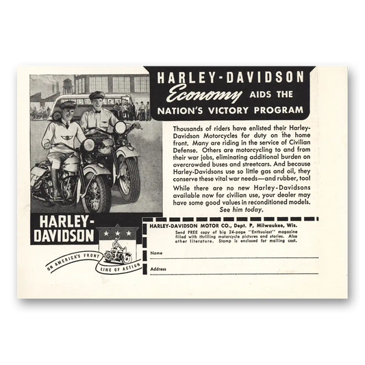 1942 Harley Davidson Aids the Nations Victory Program Vintage Magazine Print Ad