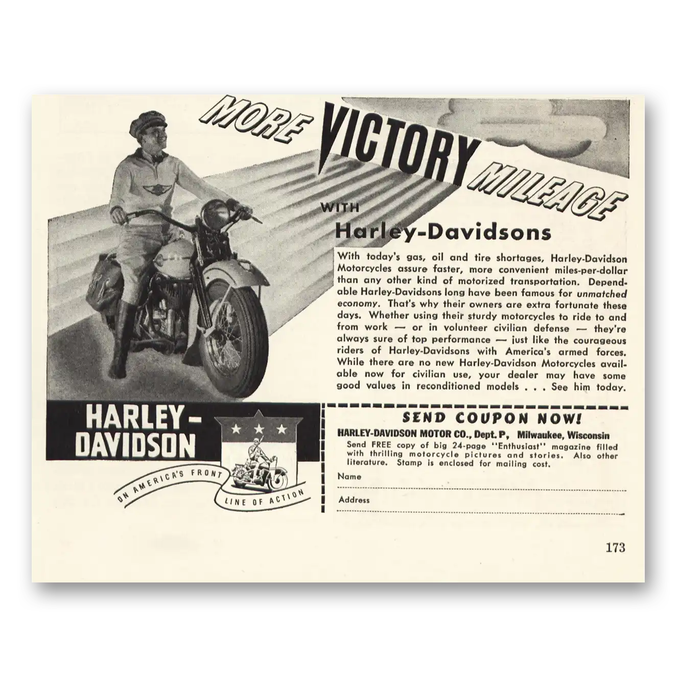 1942 Harley Davidson More Victory Mileage Vintage Magazine Print Ad