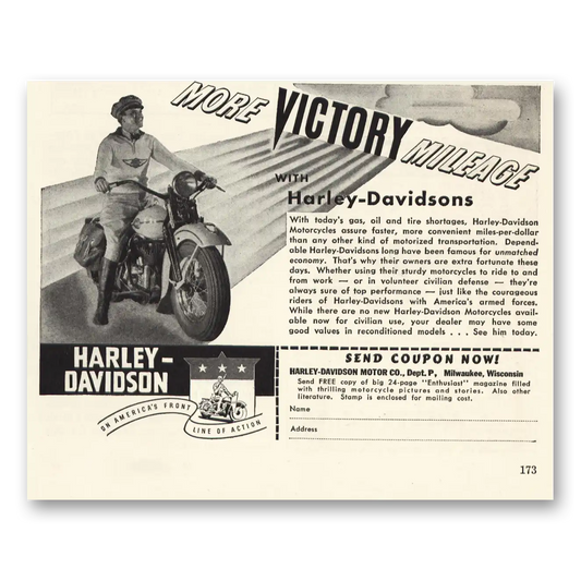 1942 Harley Davidson More Victory Mileage Vintage Magazine Print Ad