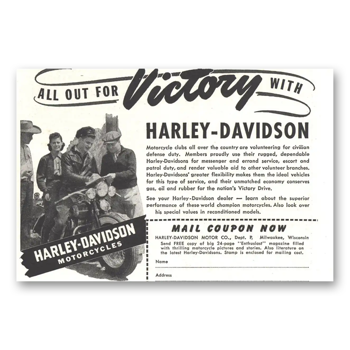 1942 Harley Davidson All Out for Victory Vintage Magazine Print Ad